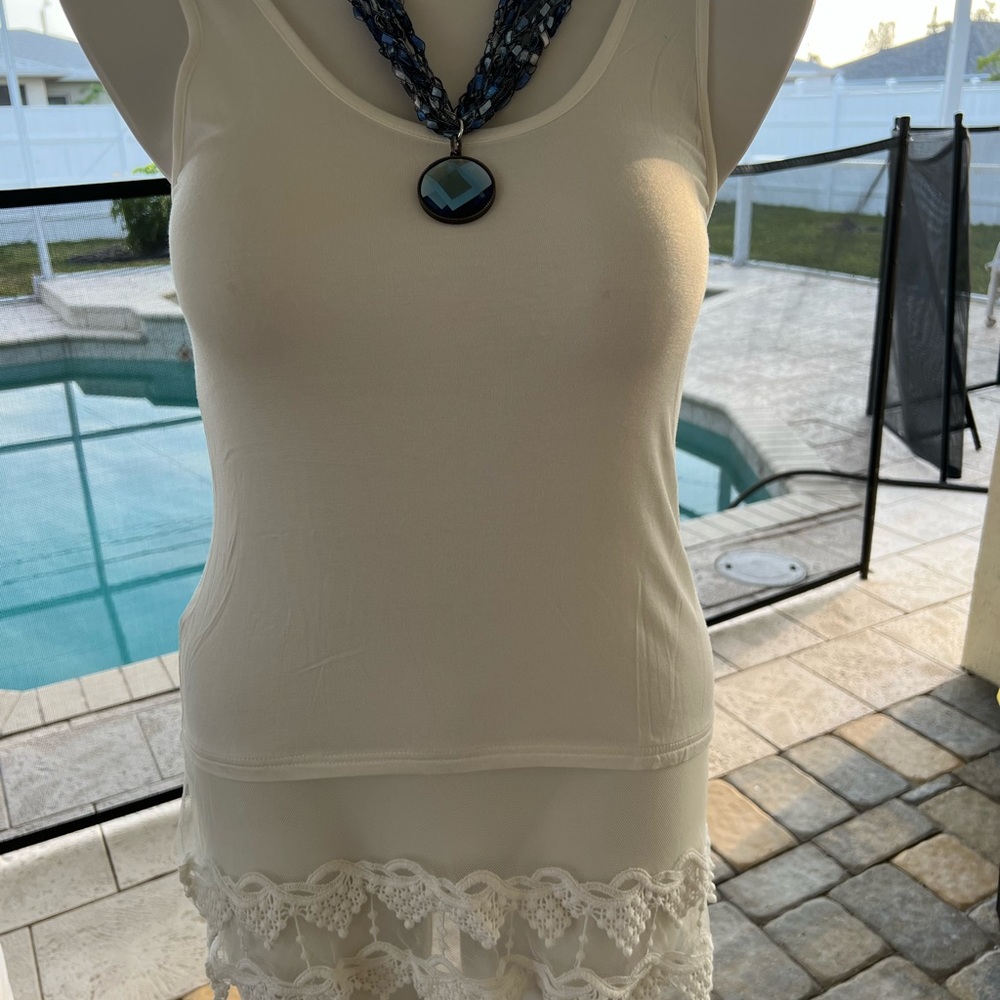 Medium- Origami White tank with Lace detailing on the bottom- NEW Jungle Feaver